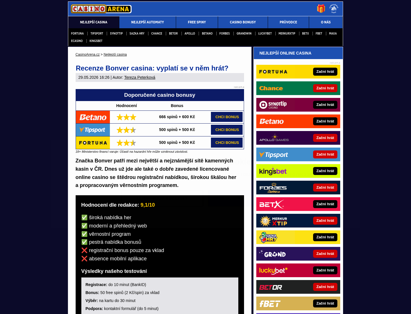 Nezávislé české redakční pokrytí značky Bonver Casino