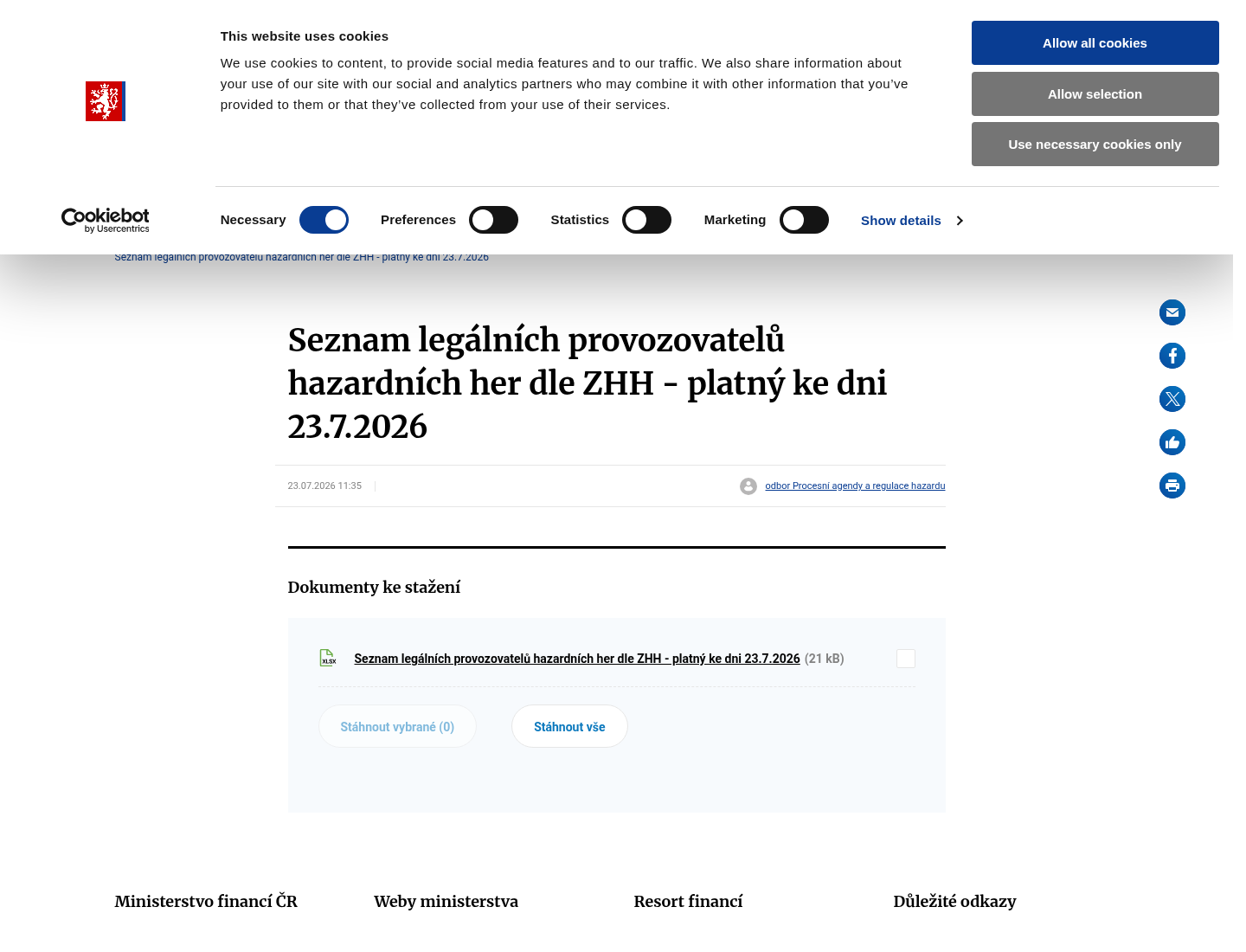 Stránka Ministerstva financí s přehledem platným 23. července 2026